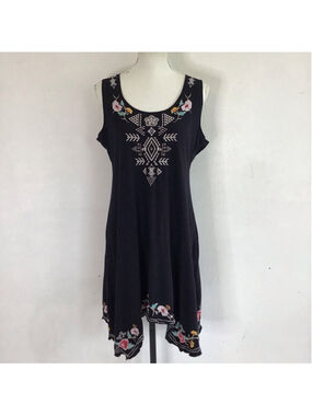 JW Los Angeles Women Black Embroidered Asymmetrical Summer Dress L